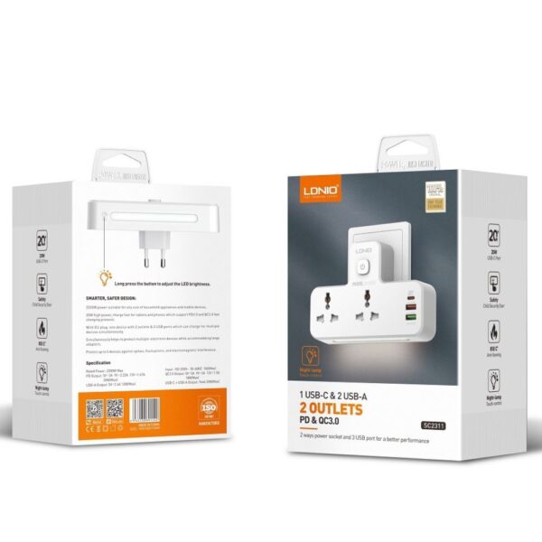 LDNIO 2 AC Outlets Portable Extension Power Socket SC2311